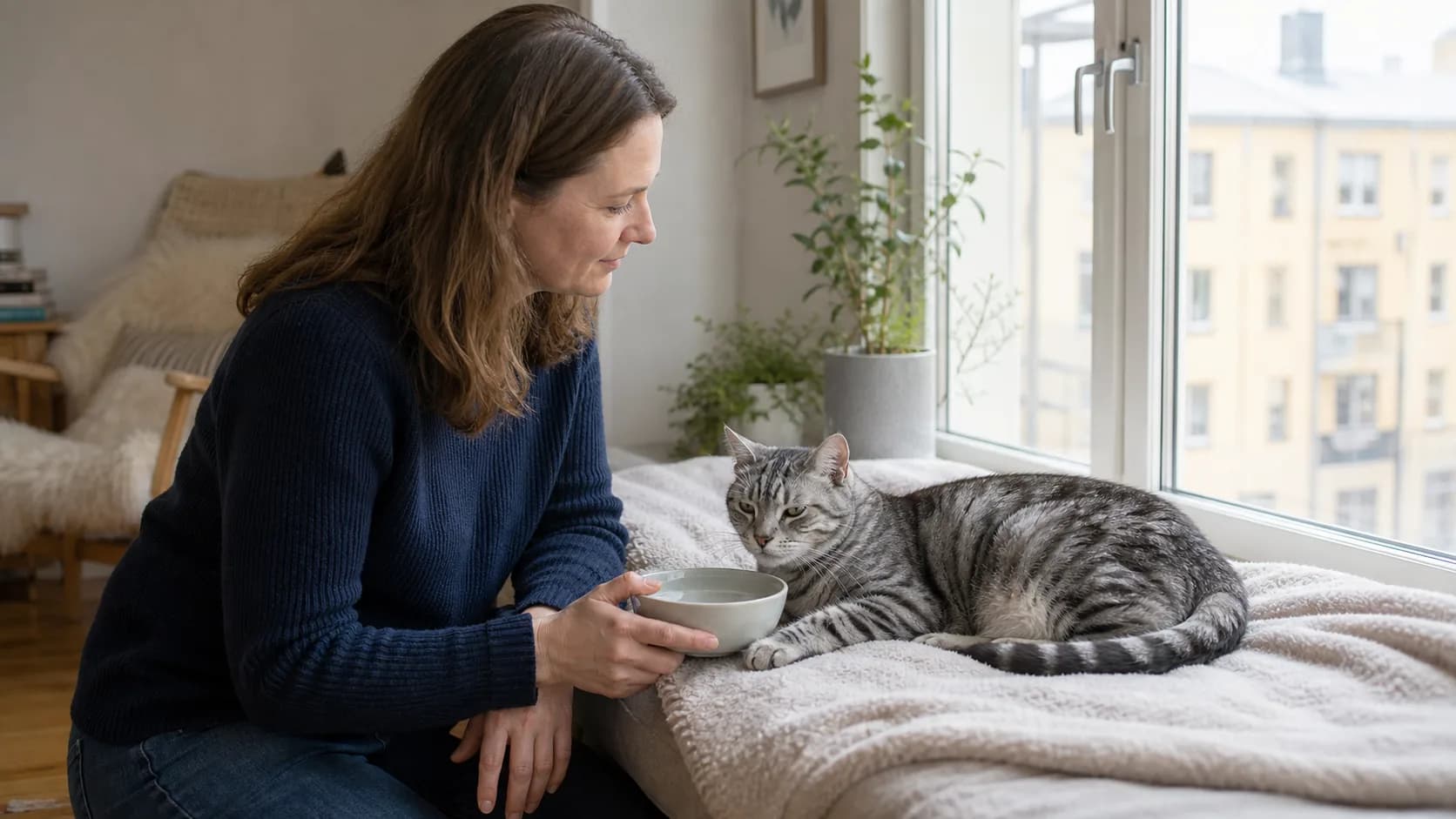 Senior silver tabby-katt vilar hemma på filt efter endoskopi med ägare och vattenskål nära.