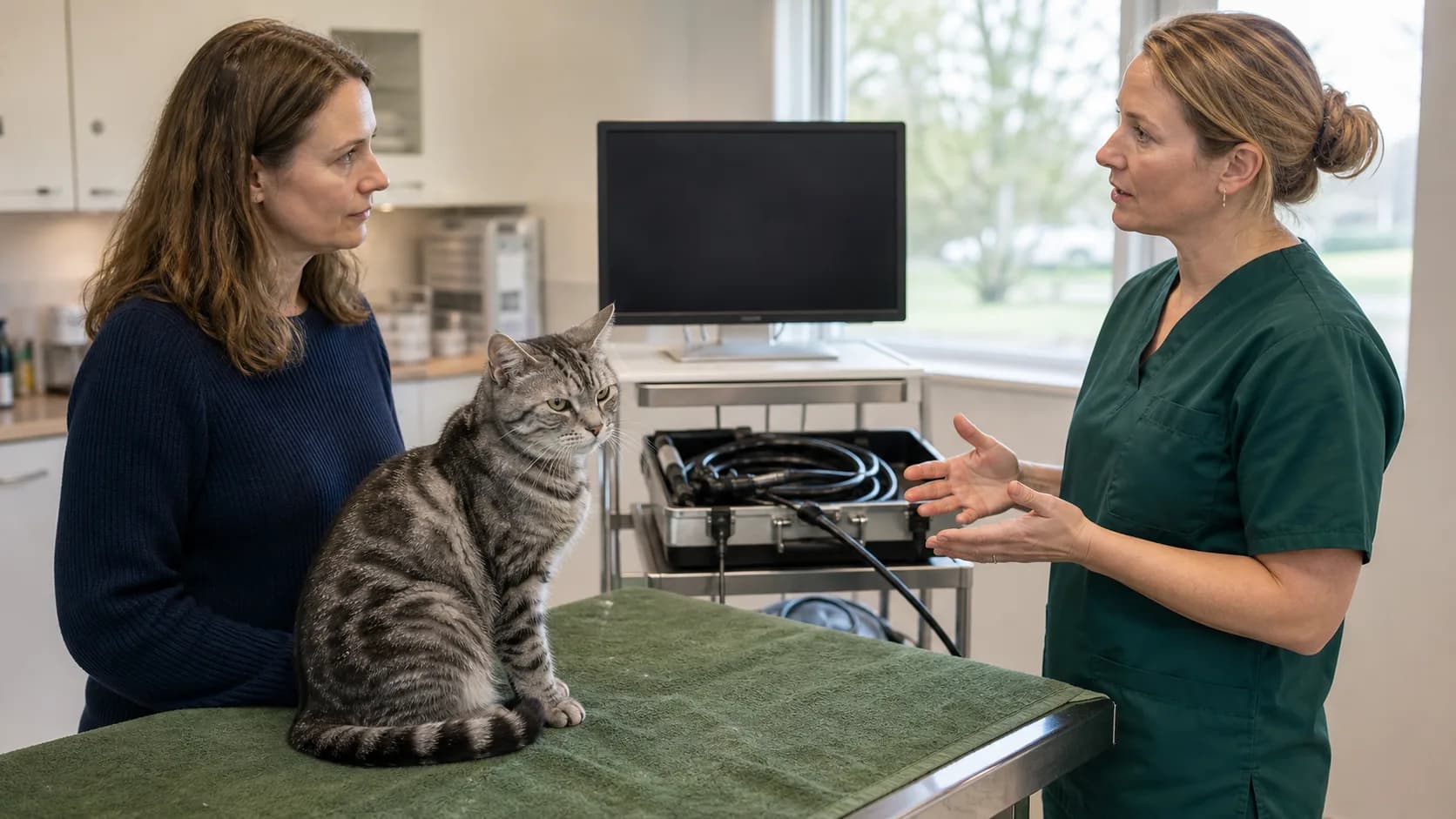 Katt på klinik inför endoskopi där veterinären planerar undersökning och provtagning.