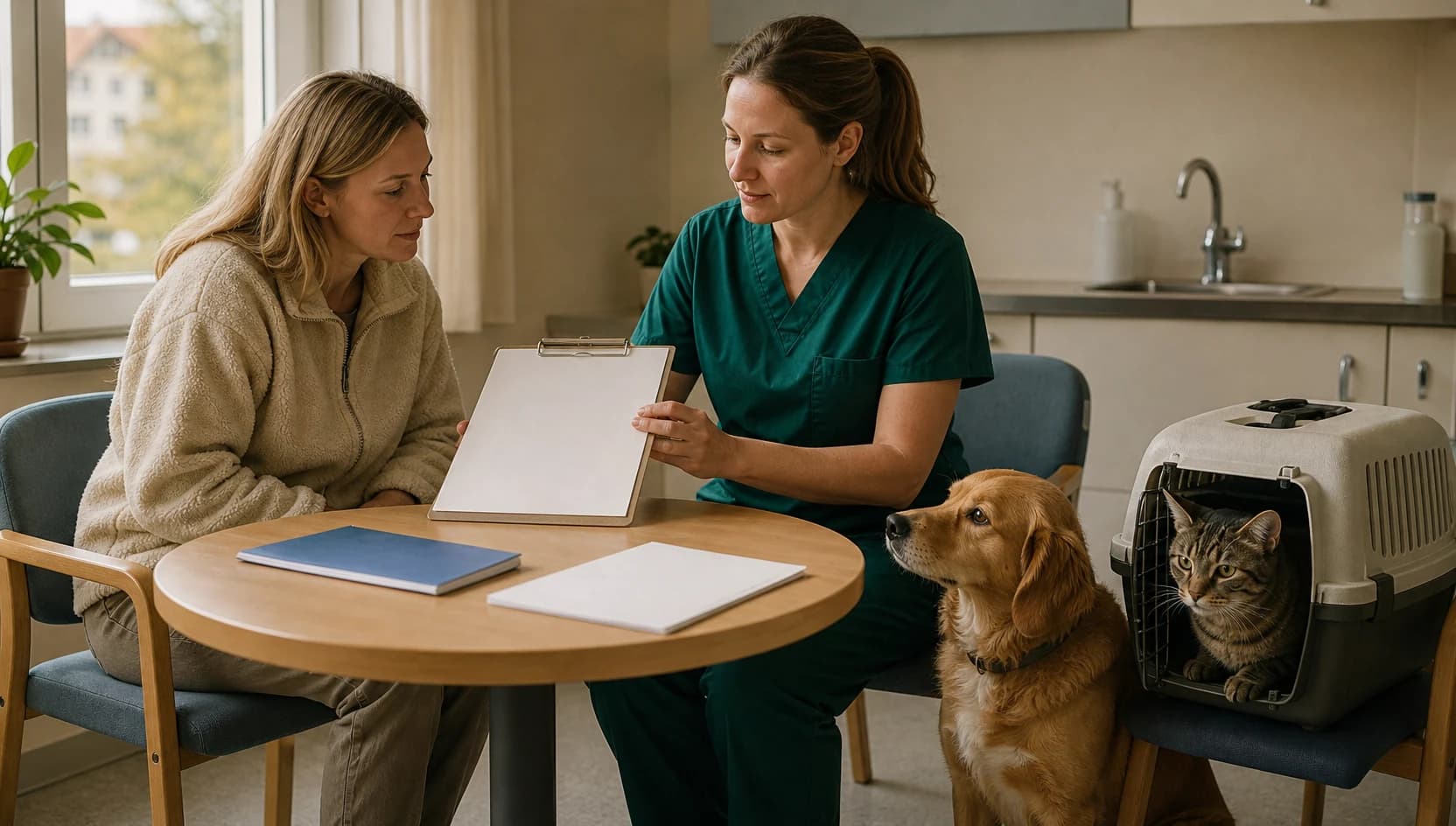 Veterinär i mörkgröna skrubbar går igenom kostnad för EU-pass med djurägare.