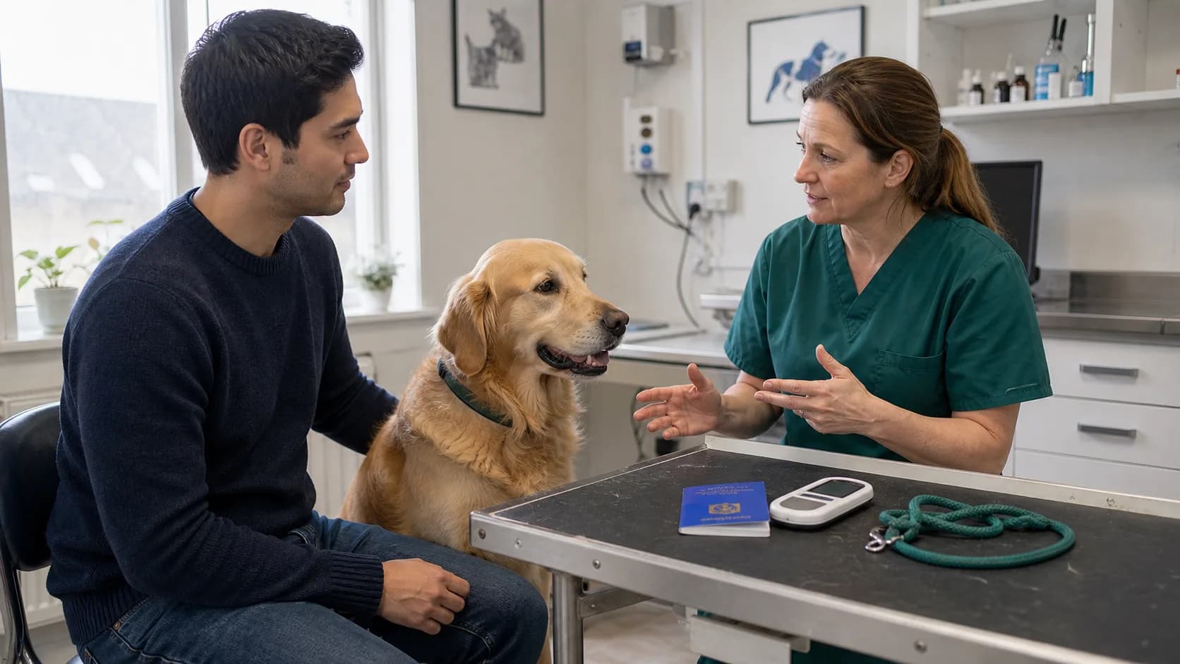 Golden retriever sitter med sin ägare på klinik medan veterinär förklarar chip, rabiesvaccin och EU-pass.