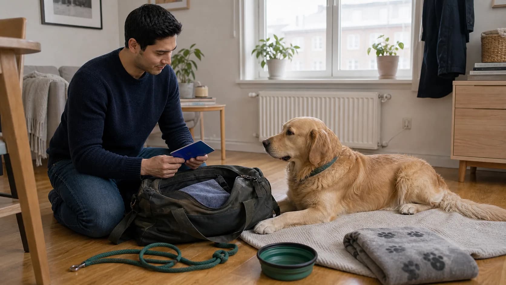 Golden retriever ligger hemma bredvid packad väska medan ägaren kontrollerar EU-pass och reseutrustning.