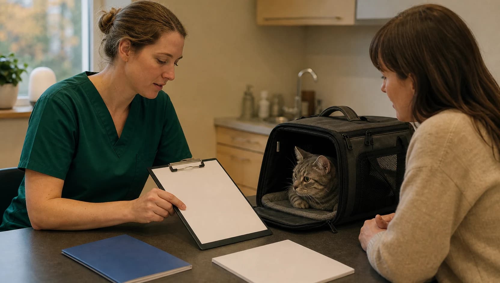 Veterinär i mörkgröna skrubbar går igenom pris för EU-pass katt med kattägare.