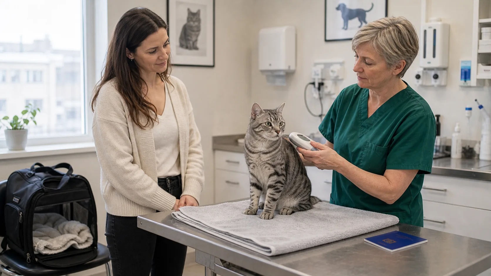 Silver tabby-katt sitter på klinikbord medan veterinär kontrollerar mikrochip inför EU-pass.
