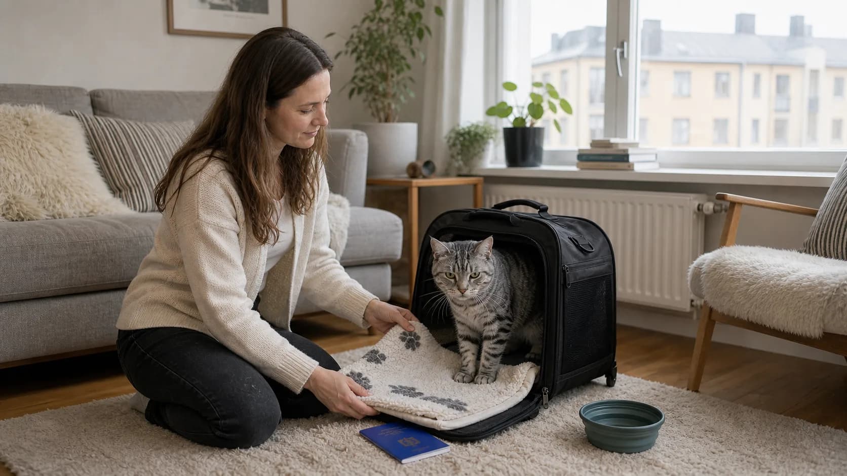 Kattägare förbereder transportbur, filt och EU-pass hemma inför resa.