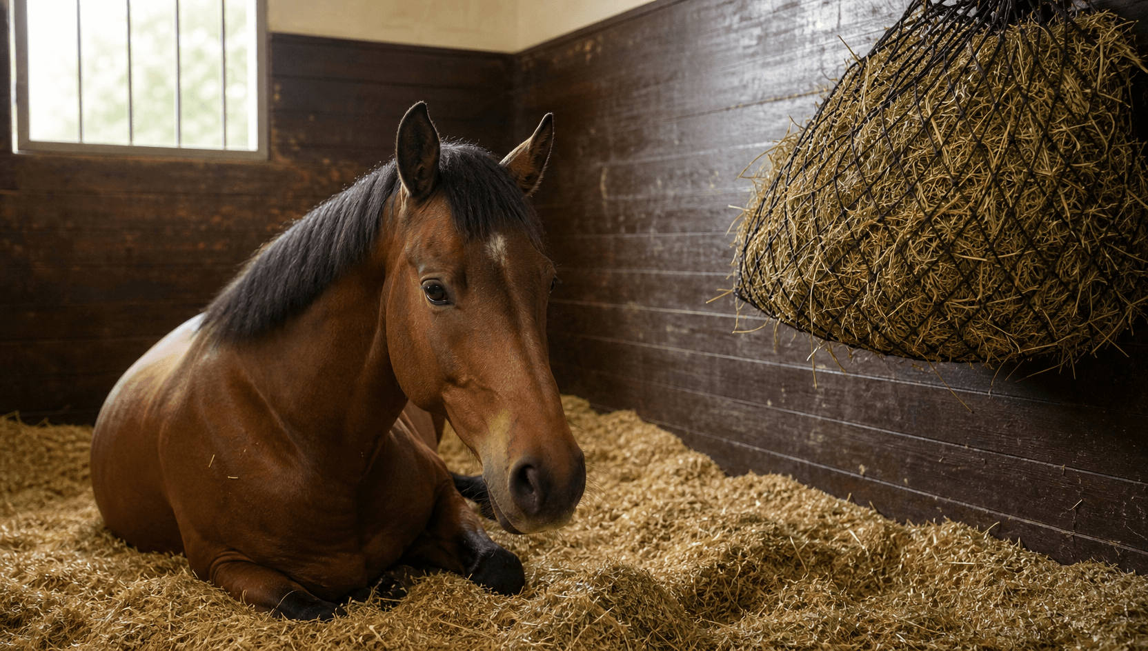 Häst med fång vilar i djupströad box med slowfeeding-hönät efter veterinärens råd.
