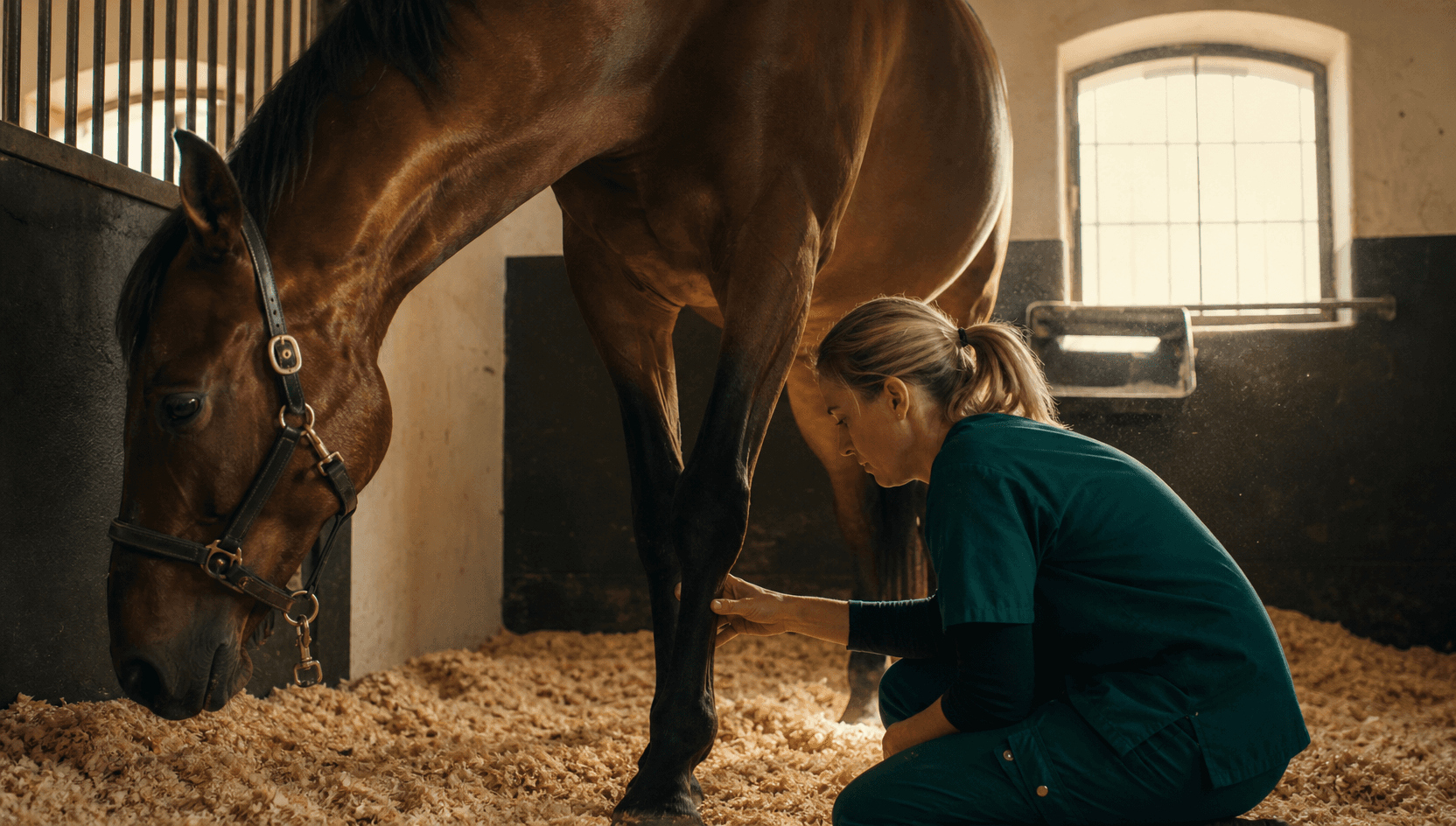 Veterinär kontrollerar digitalpuls på häst med misstänkt fång i djupströad box.