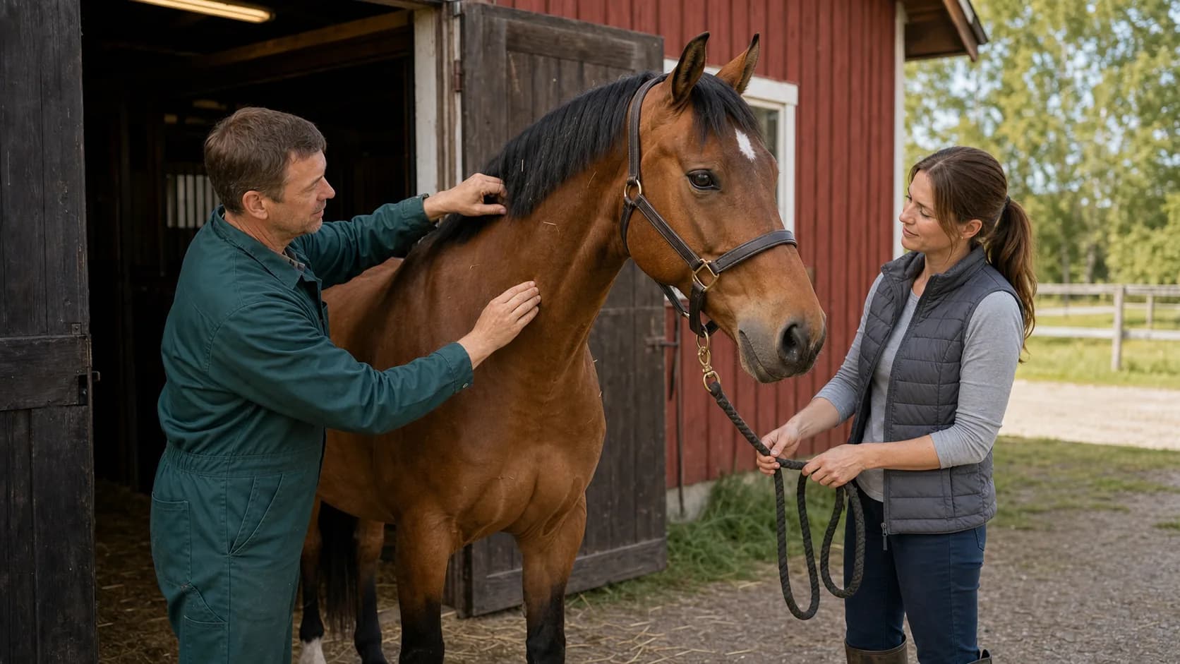 Hästveterinär kontrollerar häst för fästingbett, anaplasma häst och febertecken.