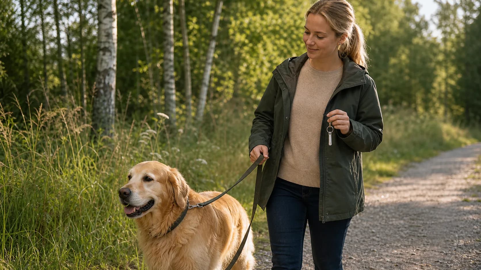 Golden retriever i högt gräs under fästingsäsong där fästingmedel hund kan behövas.