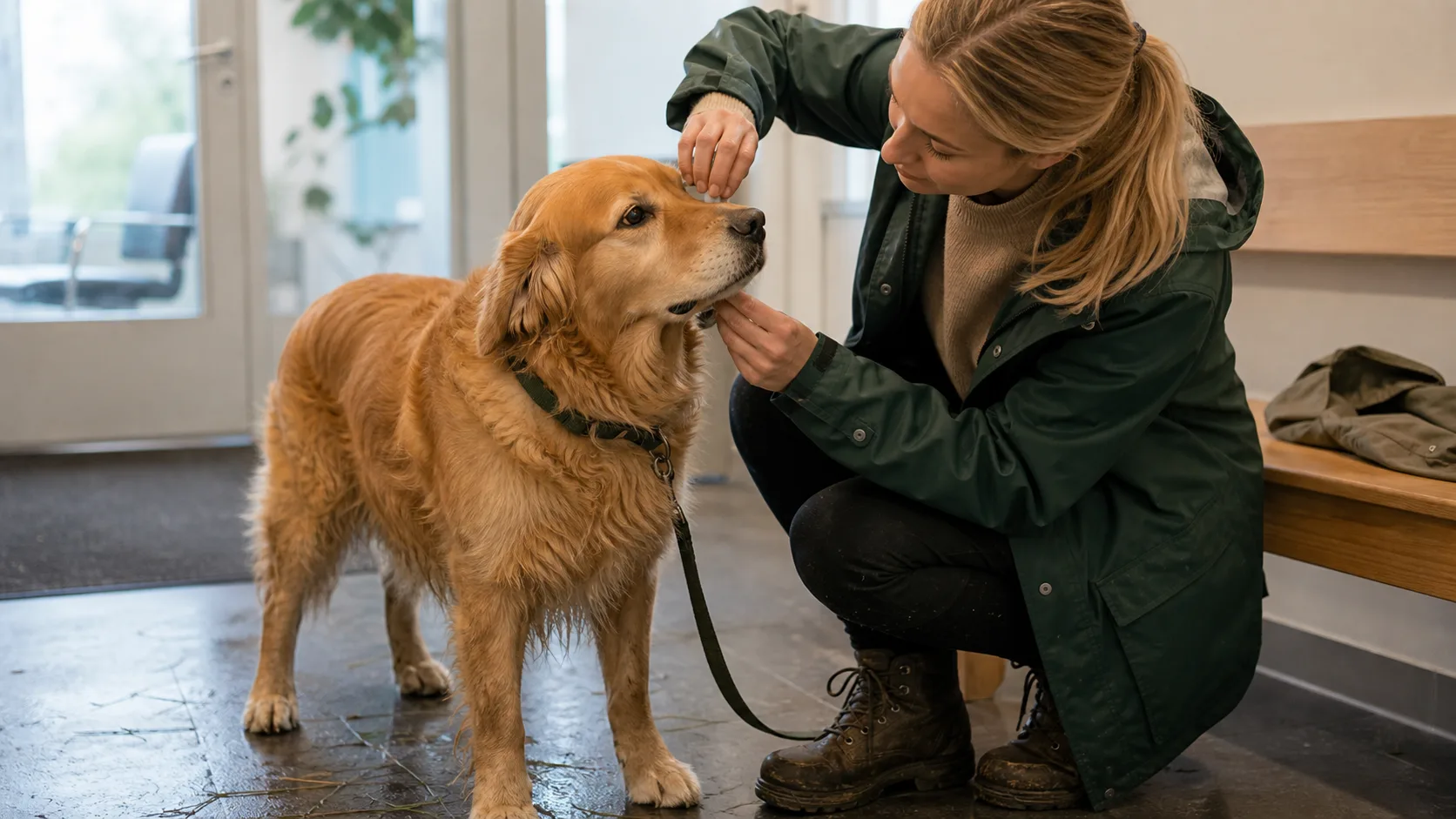 Hundägare tar bort fästing på hund med fästingplockare efter skogspromenad.
