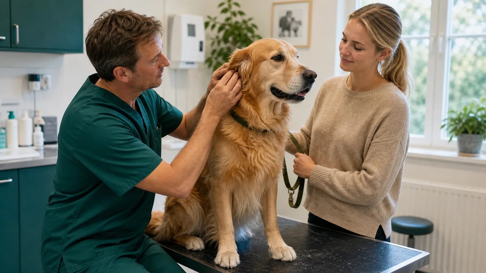 Veterinär kontrollerar hund för fästingbett och fästingmedel i svensk klinik.