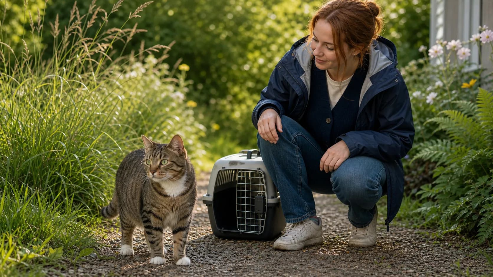 Utekatt vid högt gräs där fästingmedel katt och daglig fästingkontroll kan behövas.