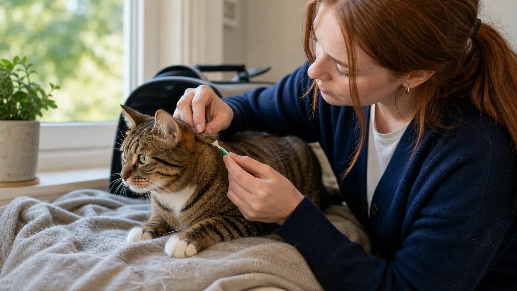 Kattägare letar fästing nära kattens öra och tar bort fästing på katt lugnt hemma.