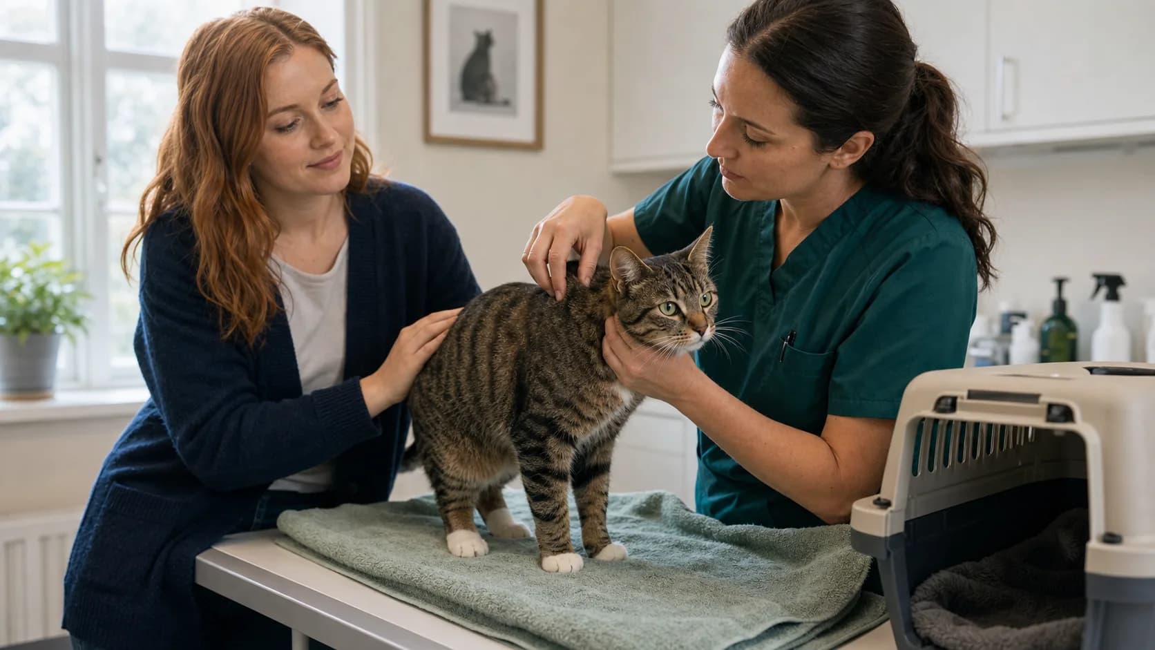Veterinär kontrollerar kattens päls för fästingbett och säkert fästingmedel katt.