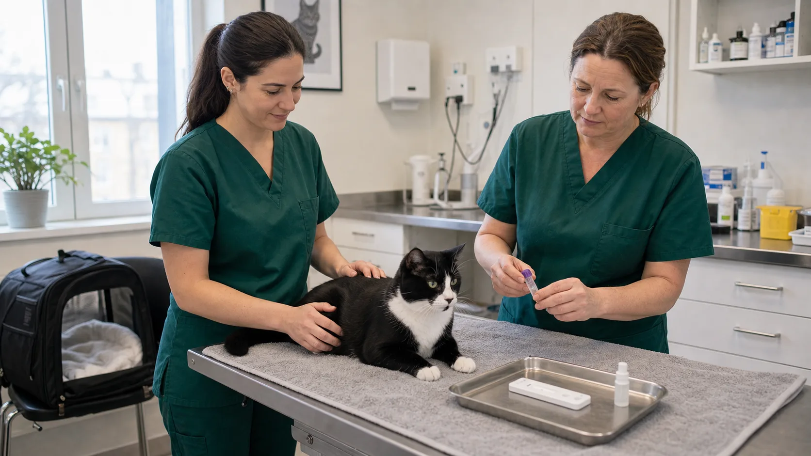 Svartvit katt vilar lugnt på klinikbord medan veterinärteam förbereder FIV- och FeLV-test.
