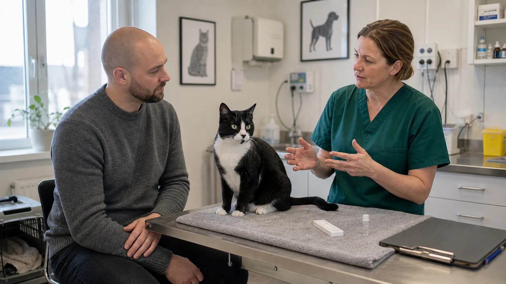 Svartvit katt sitter på klinikbord medan veterinär förklarar FIV- och FeLV-test för ägaren.