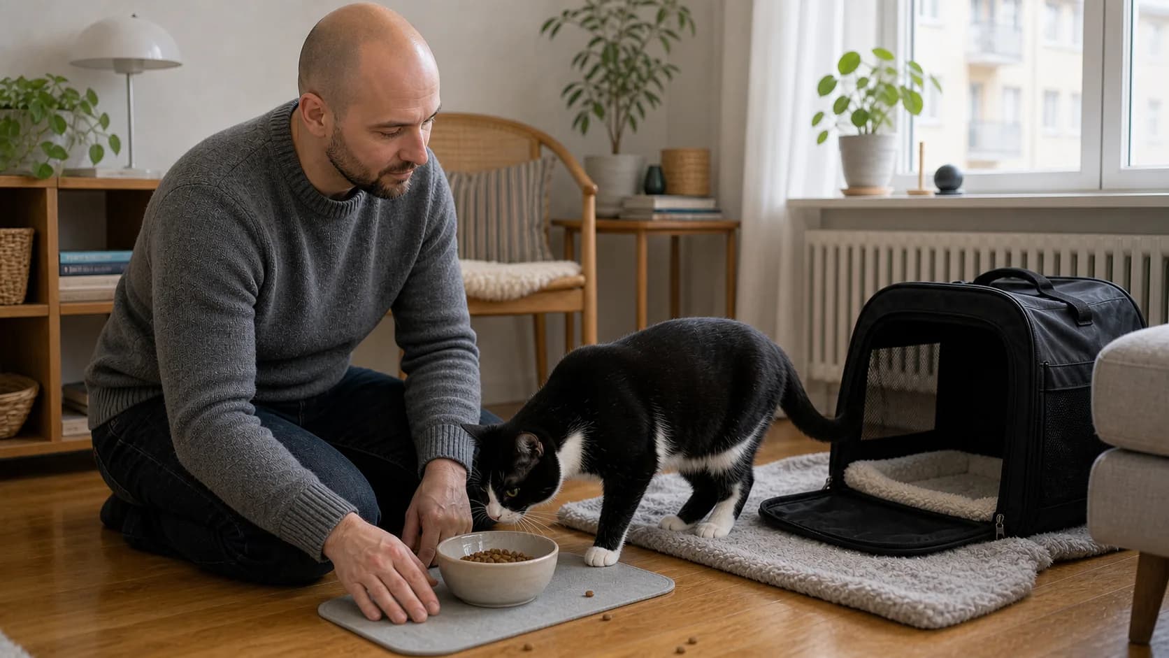 Svartvit katt kliver ur transportbur hemma och nosar på matskål medan ägaren sitter bredvid.