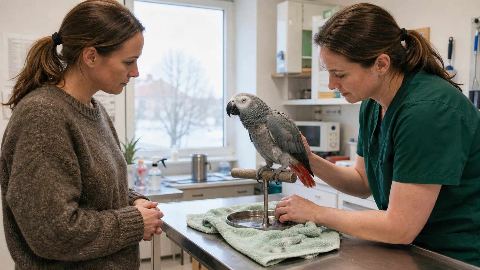 Grå jako undersöks hos veterinär för fjäderplockning
