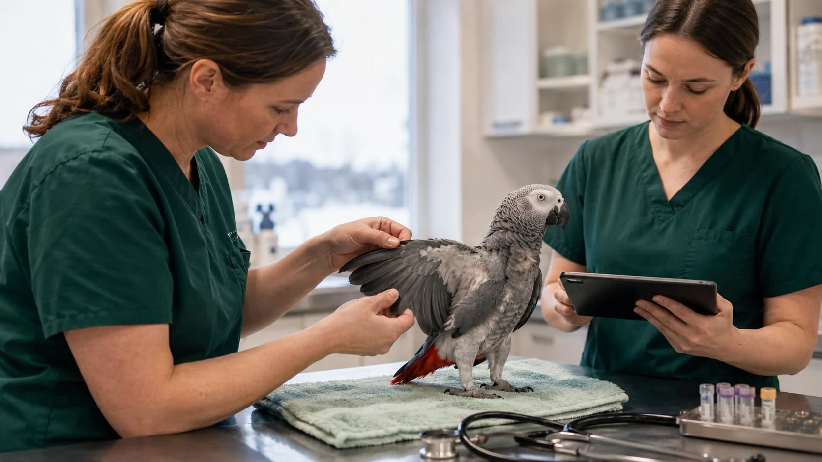 Veterinär kontrollerar vinge och fjäderdräkt på grå jako
