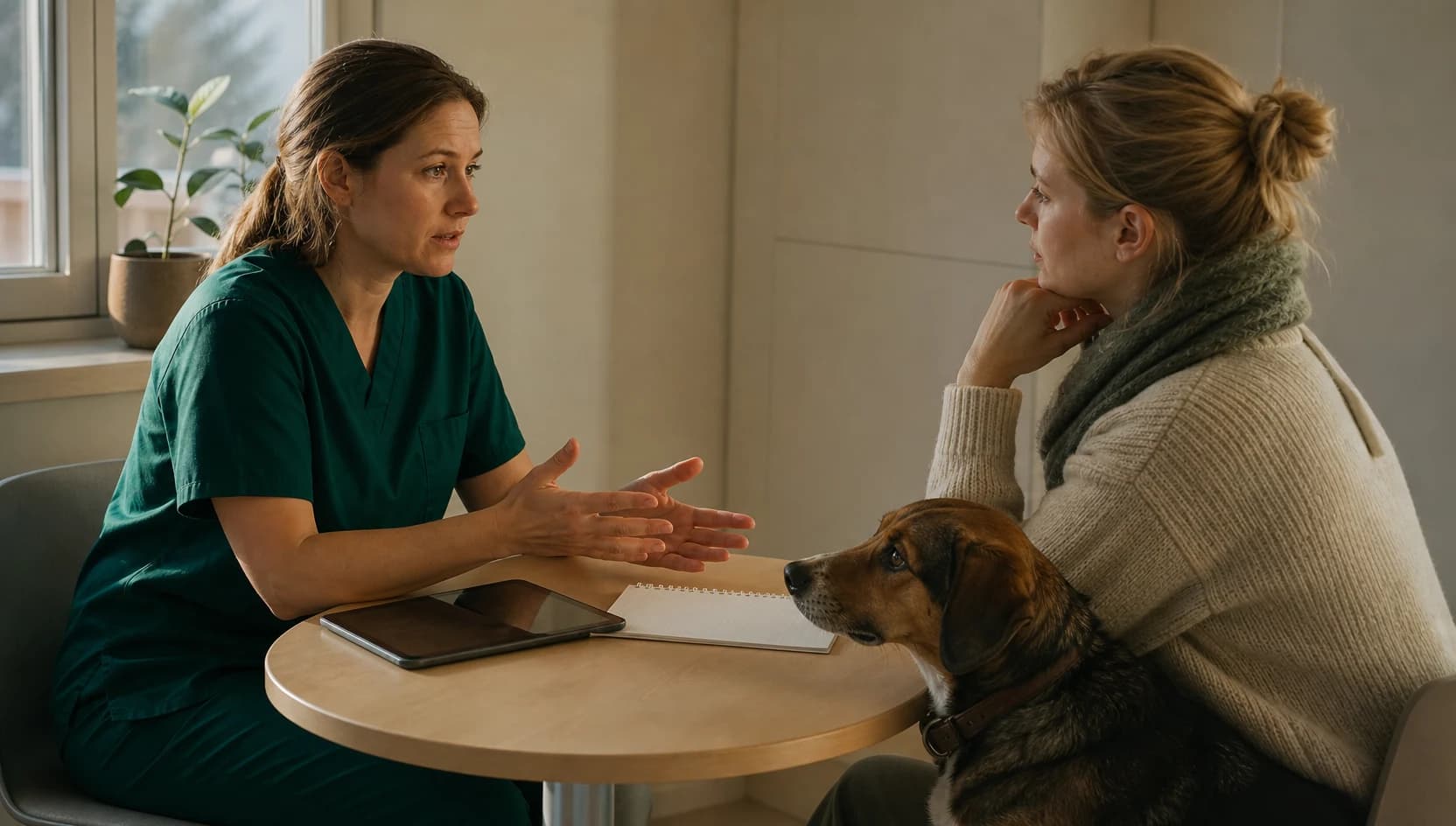 Veterinär i mörkgröna scrubs går igenom pris för frakturkirurgi med djurägare.