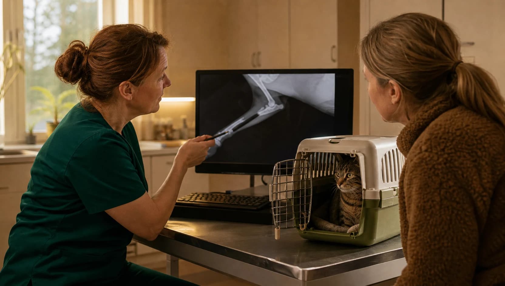 Veterinär i mörkgröna scrubs förklarar frakturröntgen för kattägare.