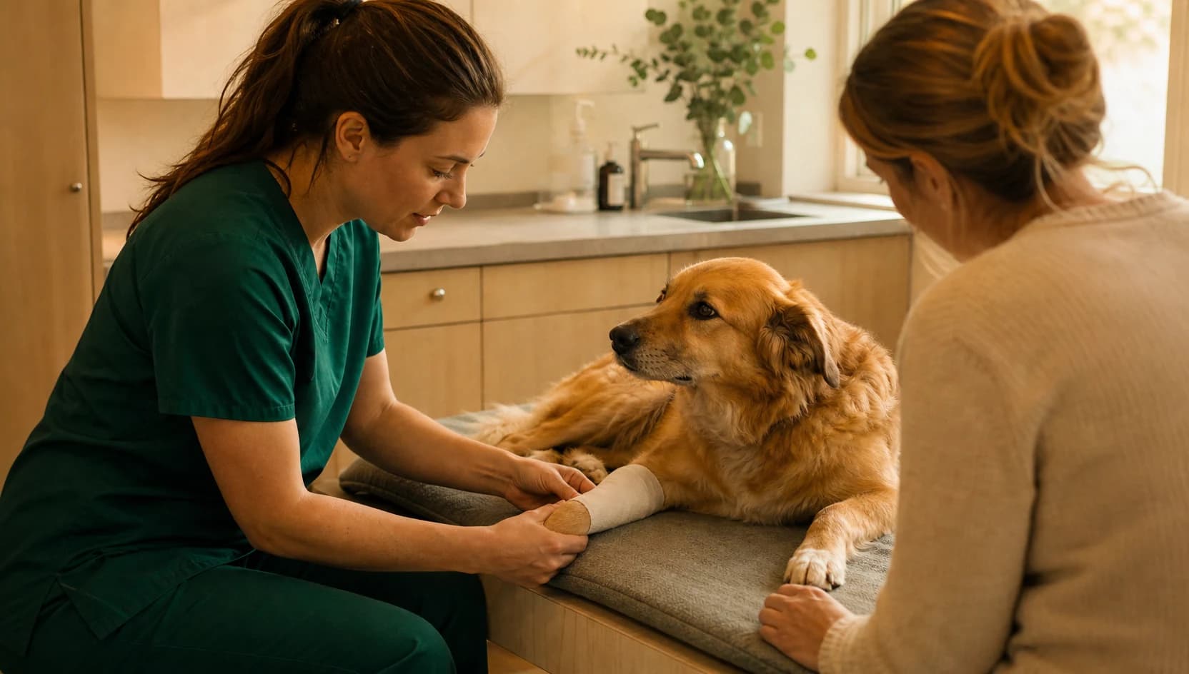 Veterinär i mörkgröna scrubs kontrollerar bandage efter frakturkirurgi.