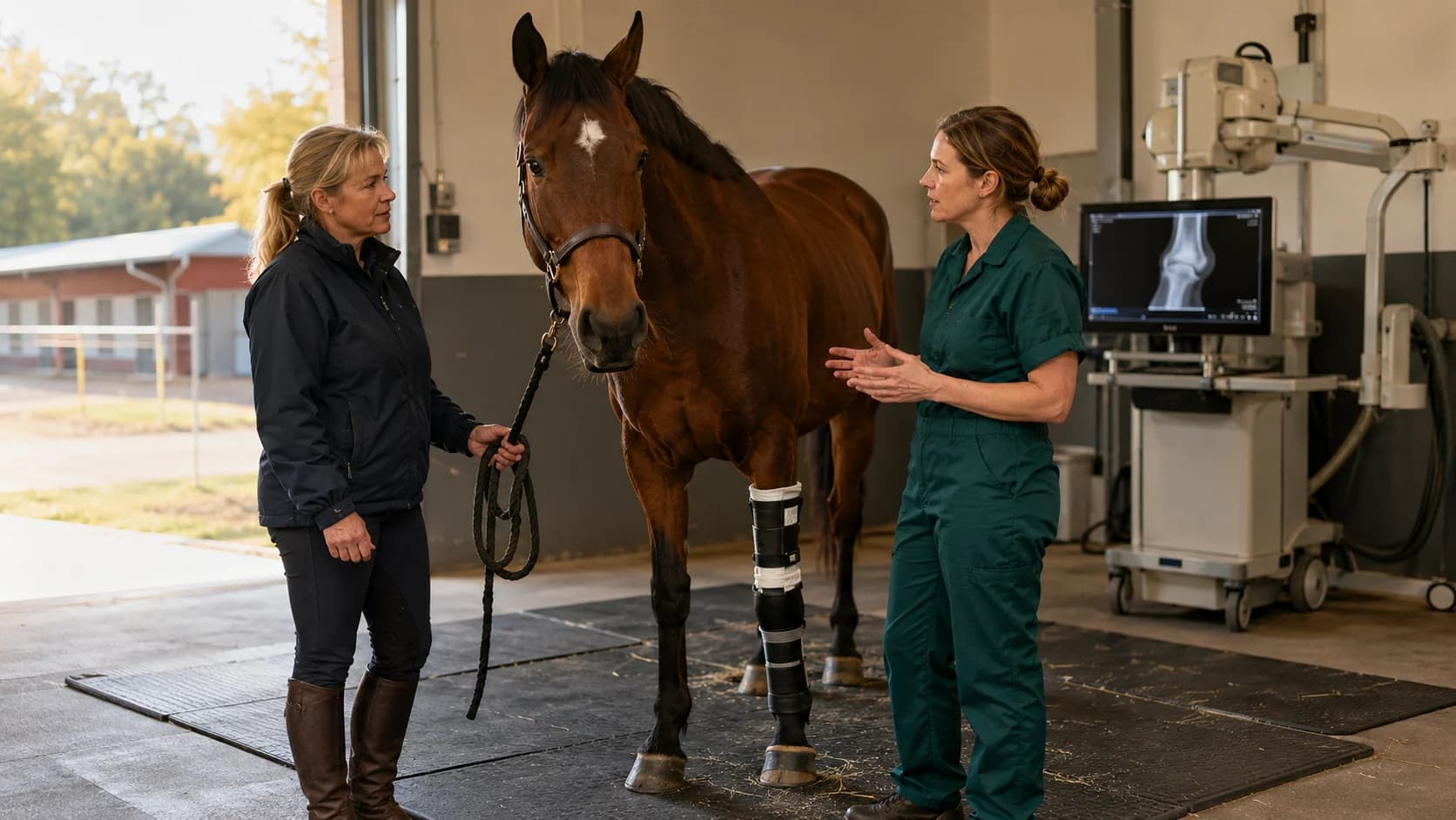 Veterinär diskuterar röntgenfynd vid fraktur hos brun häst