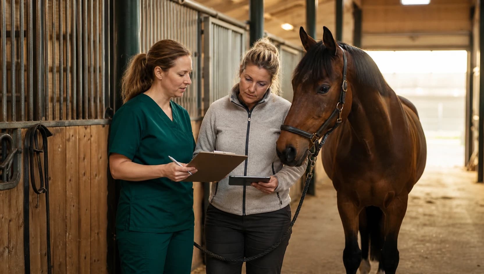 Hästveterinär i mörkgröna scrubs går igenom pris för frakturkirurgi av häst.