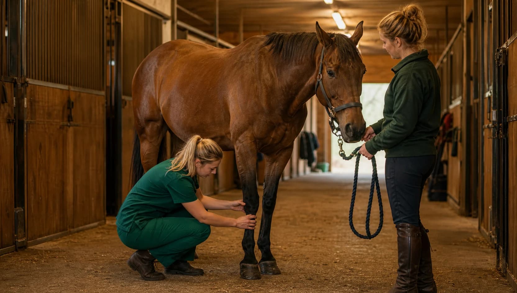 Hästveterinär i mörkgröna scrubs undersöker griffelben hos lugn häst.