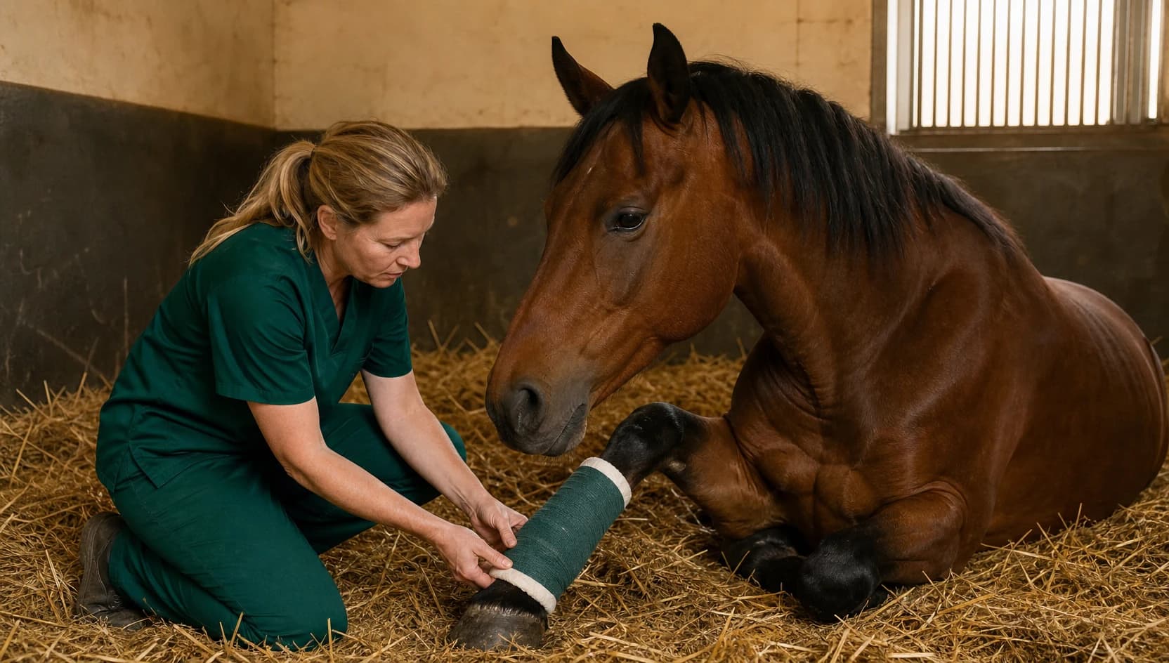Hästveterinär i mörkgröna scrubs kontrollerar stöd och hovkomfort efter fraktur.