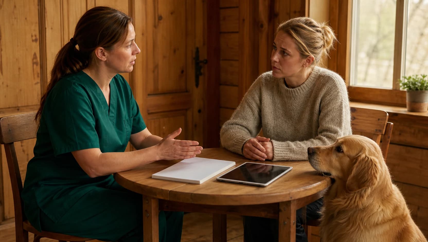 Veterinär i mörkgröna scrubs förklarar pris för frakturkirurgi av hund.