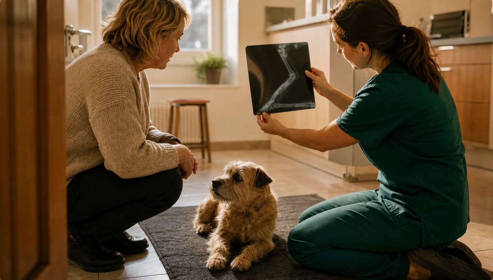 Veterinär i mörkgröna scrubs går igenom frakturröntgen med hundägare.