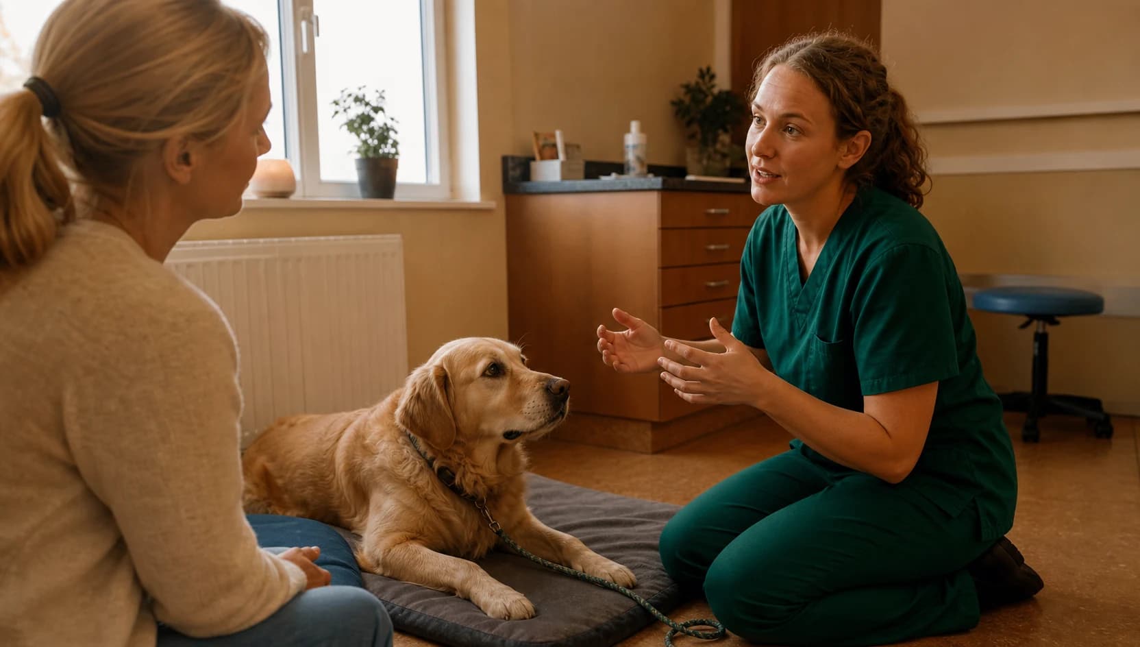 Veterinär i mörkgröna scrubs visar viloplan efter frakturkirurgi för hund.