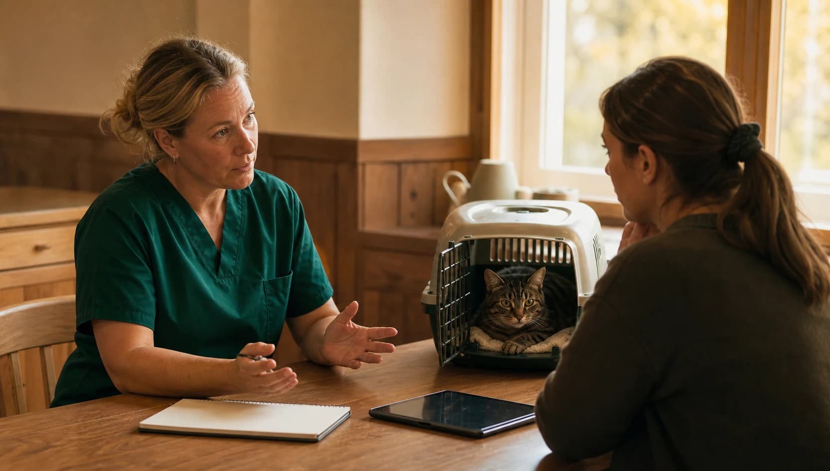 Veterinär i mörkgröna scrubs förklarar pris för frakturkirurgi av katt.