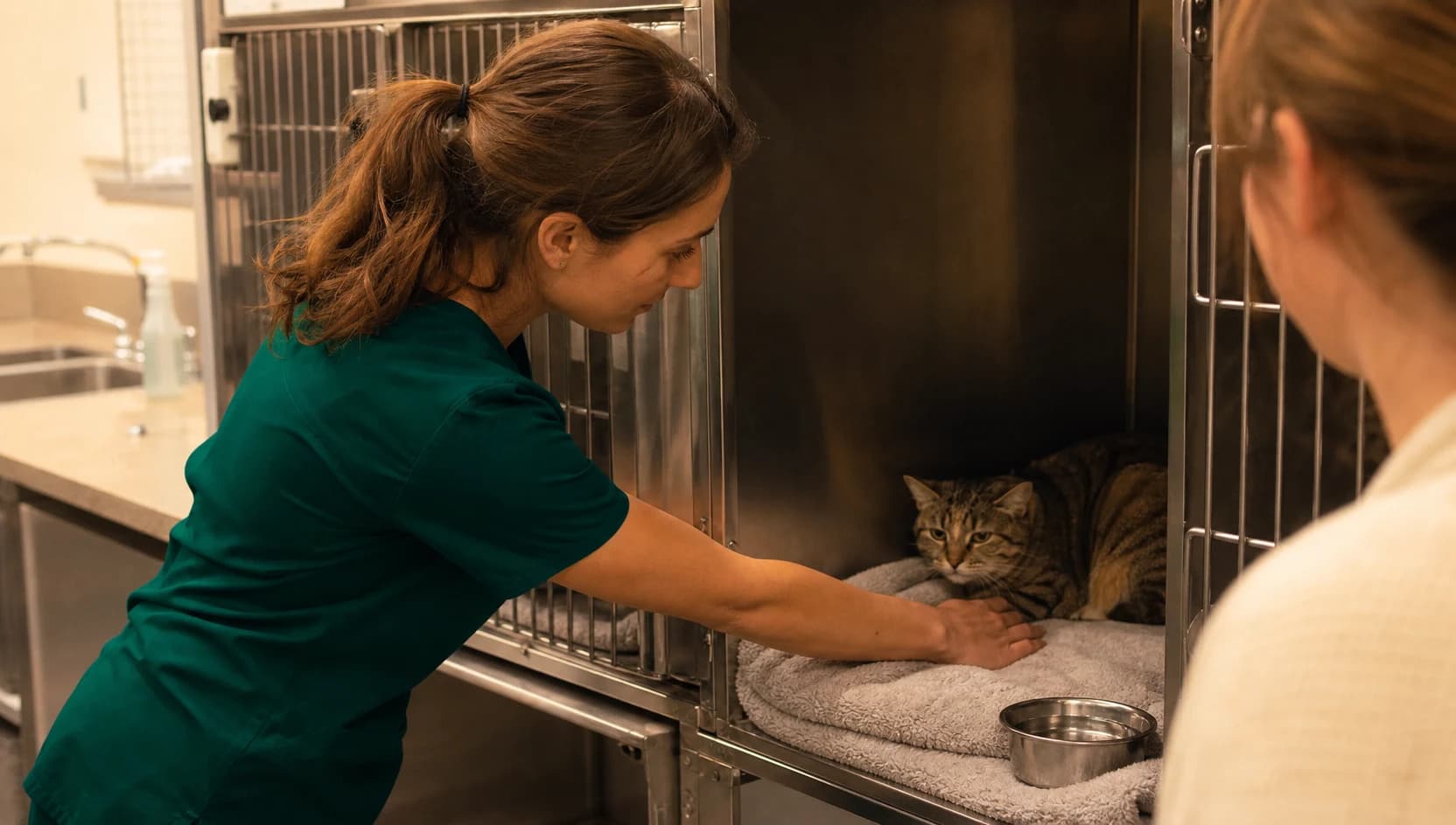 Veterinär i mörkgröna scrubs förbereder lugn burvila för katt med fraktur.