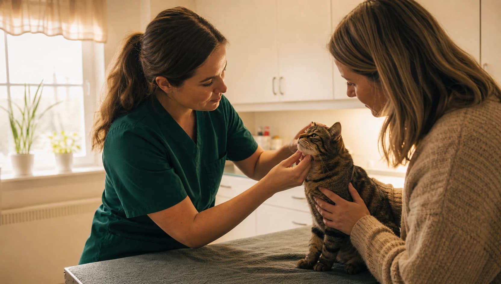 Veterinär i mörkgröna scrubs undersöker kattens käke efter fallskada.