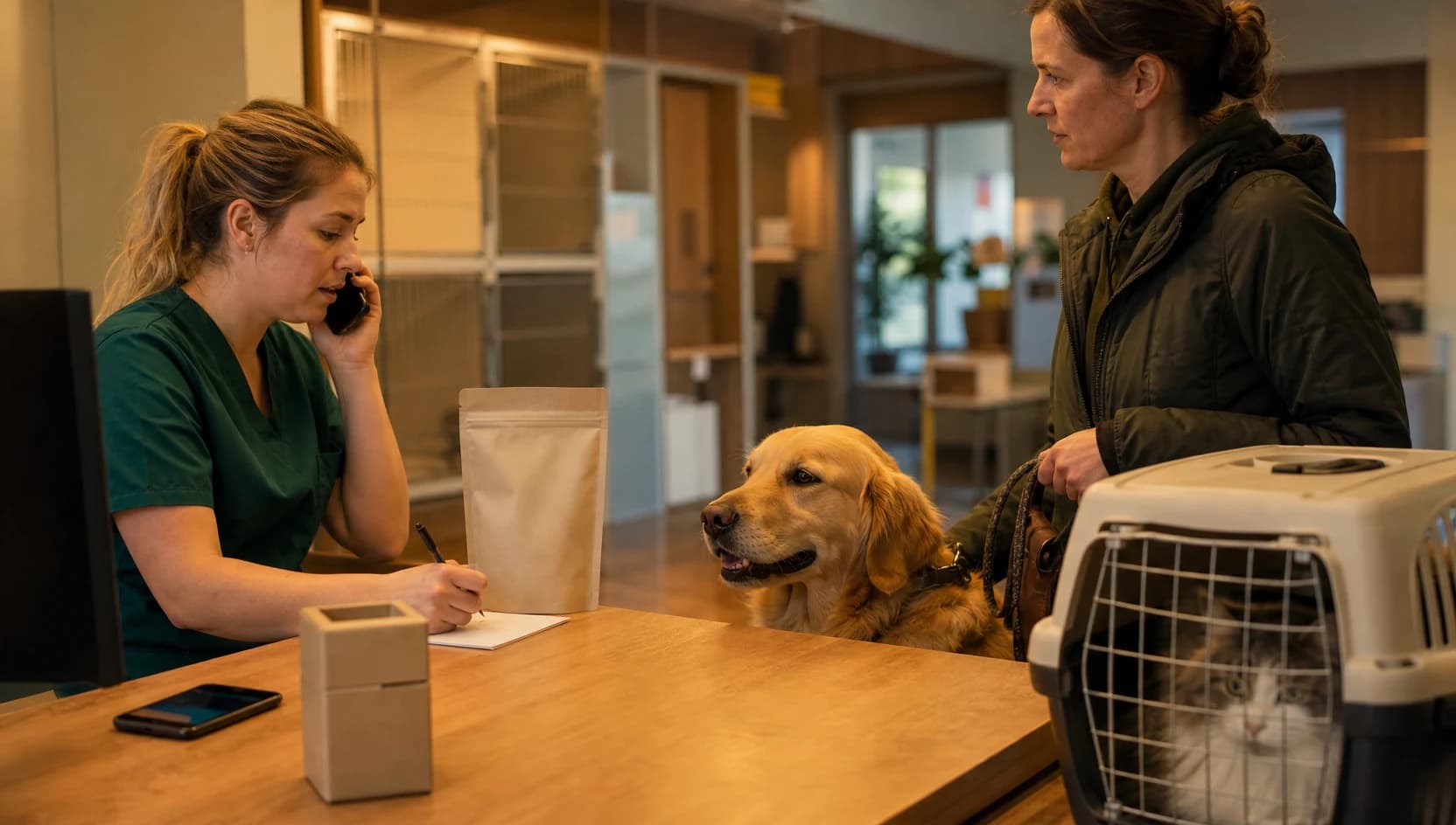 Veterinär i teal scrubs går igenom misstänkt intag med djurägare på svensk klinik.