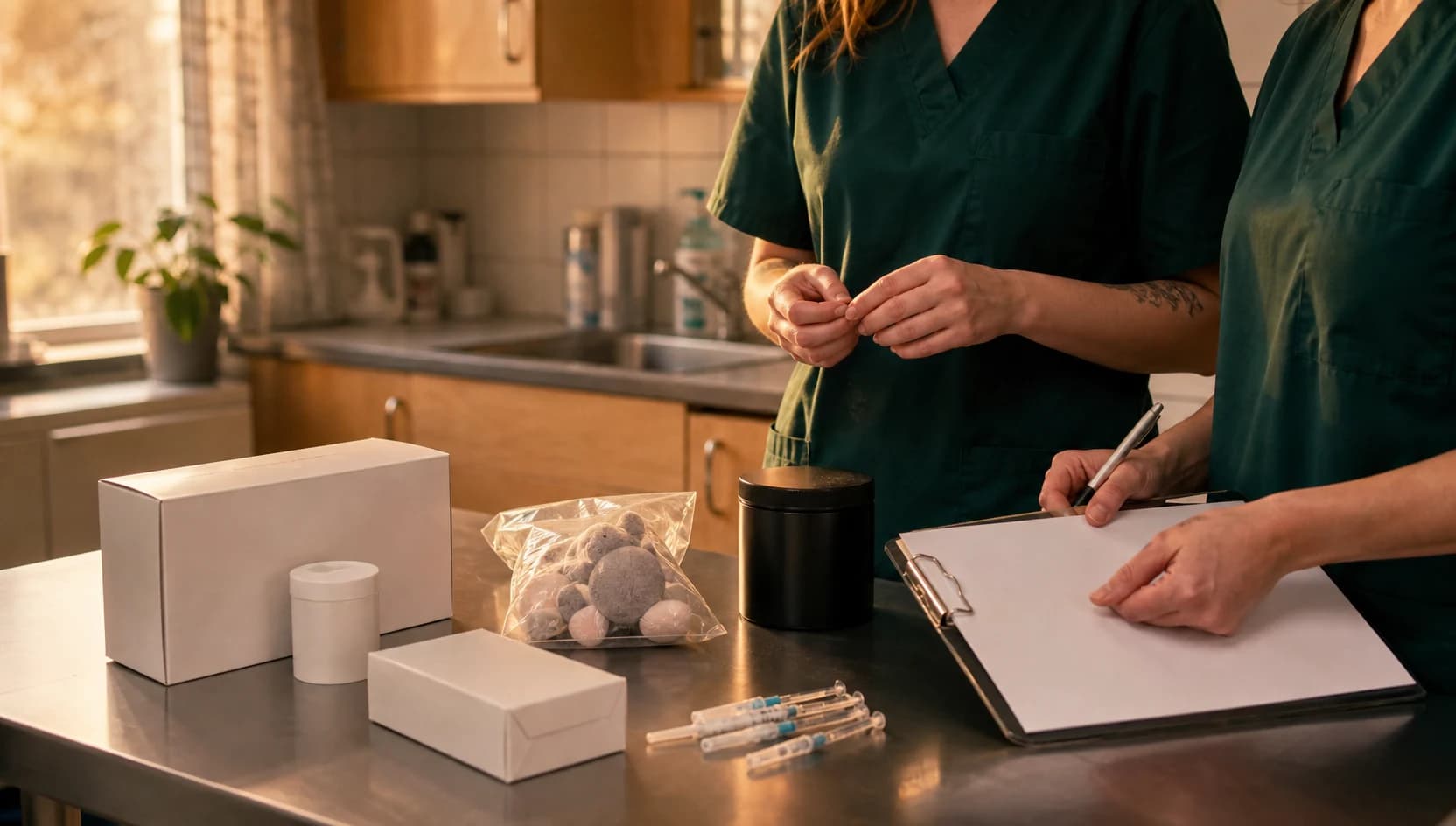 Veterinär håller förpackning och journalanteckningar vid akut bedömning av hund och katt.