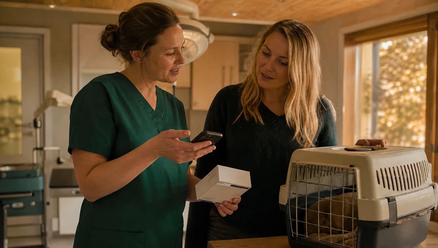 Djurägare visar produktförpackning för veterinär inför råd om förgiftning.