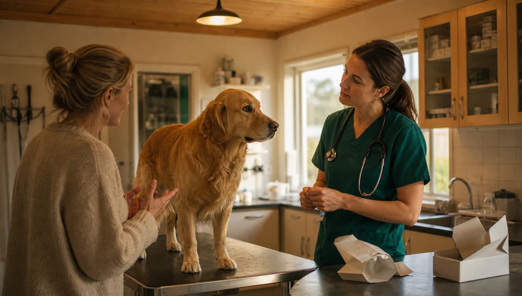 Veterinär i teal scrubs bedömer hund efter misstänkt intag av olämpligt ämne.