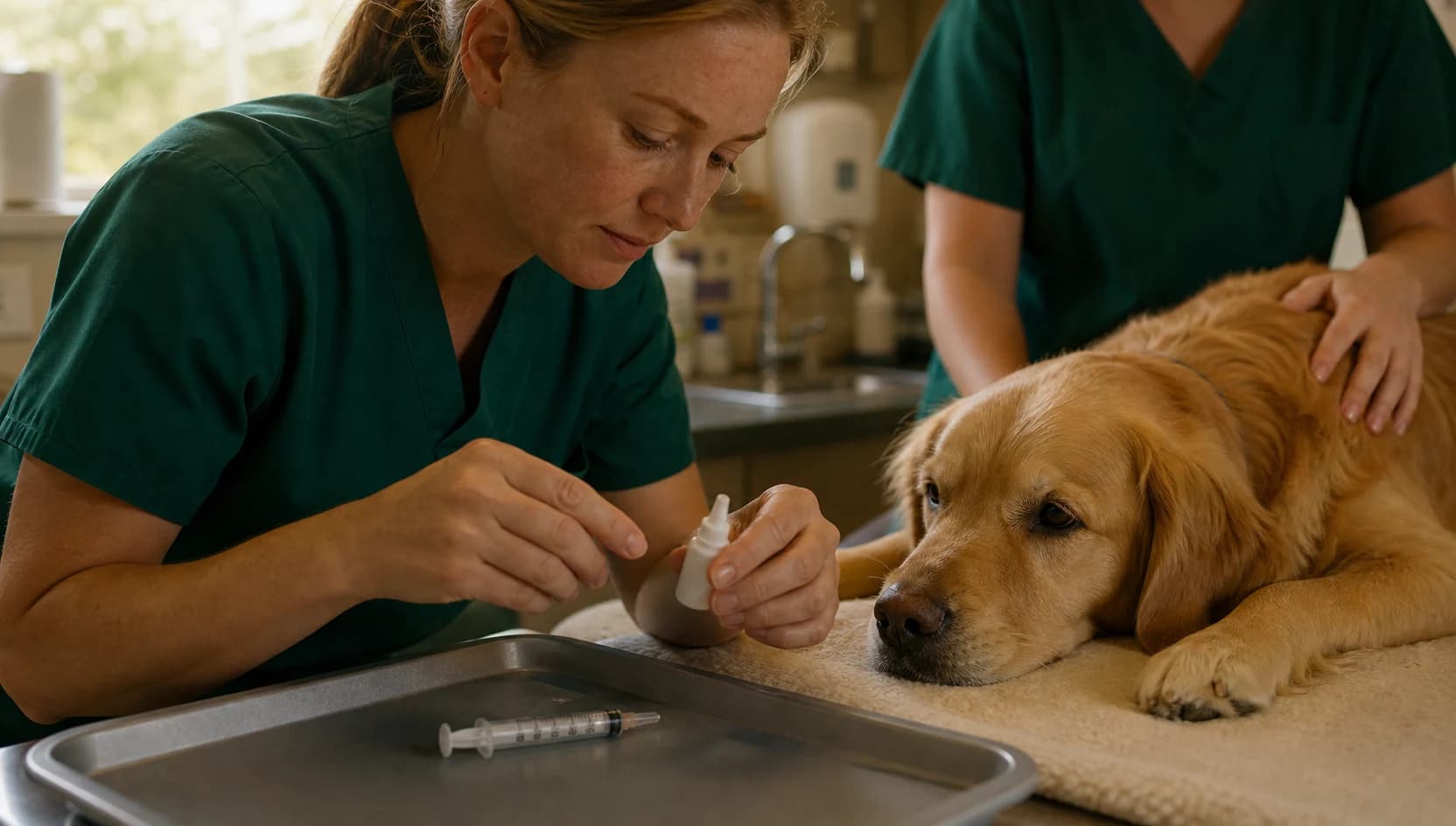 Hund på klinikbord medan veterinär förbereder säker behandling på svensk smådjursklinik.