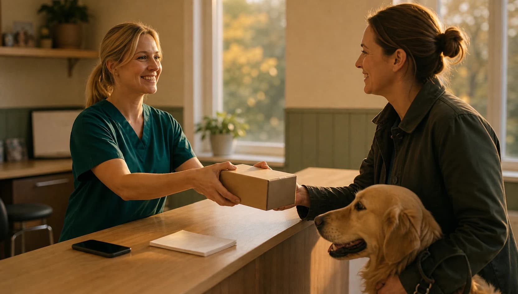 Hundägare visar chokladförpackning och anteckningar för veterinär.