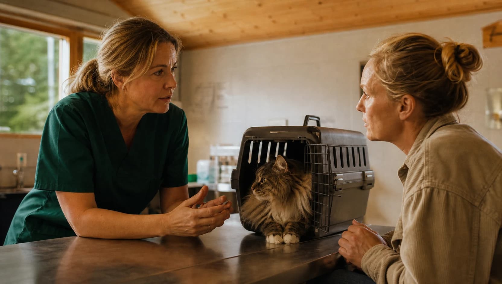 Veterinär i teal scrubs undersöker katt i lugn svensk klinikmiljö.