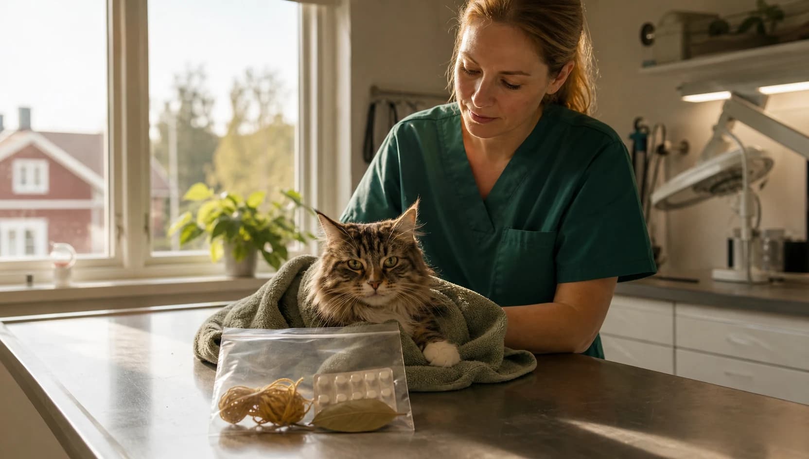 Katt i transportbur bredvid växt och läkemedelsförpackning vid veterinärbedömning.