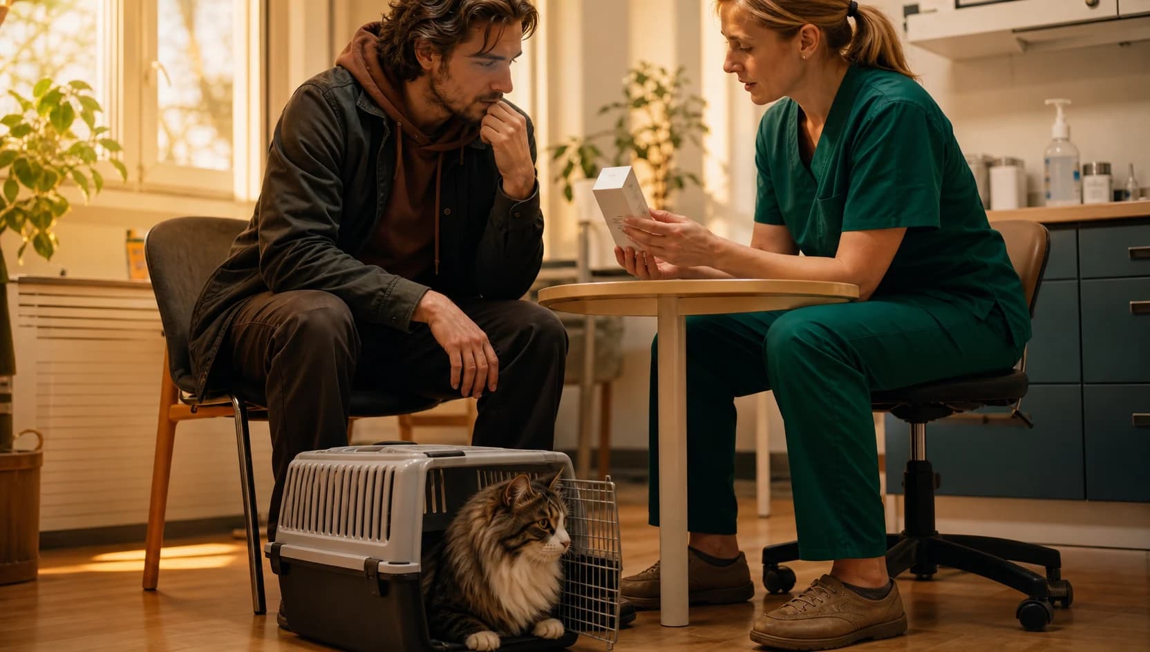 Kattägare pratar med veterinär medan katten väntar i öppen transportbur.