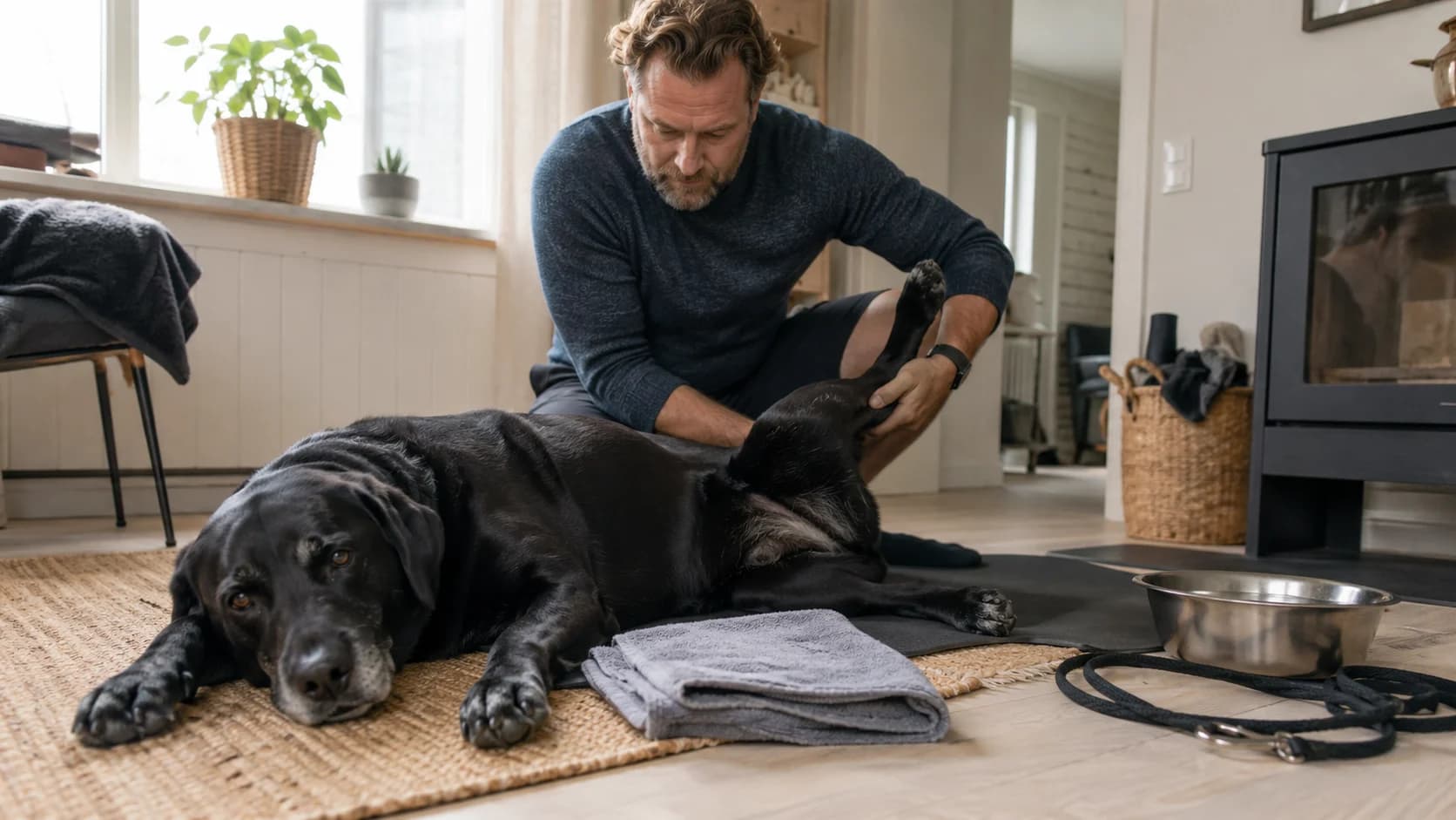 Hundägare gör lugna hemmaövningar med svart labrador