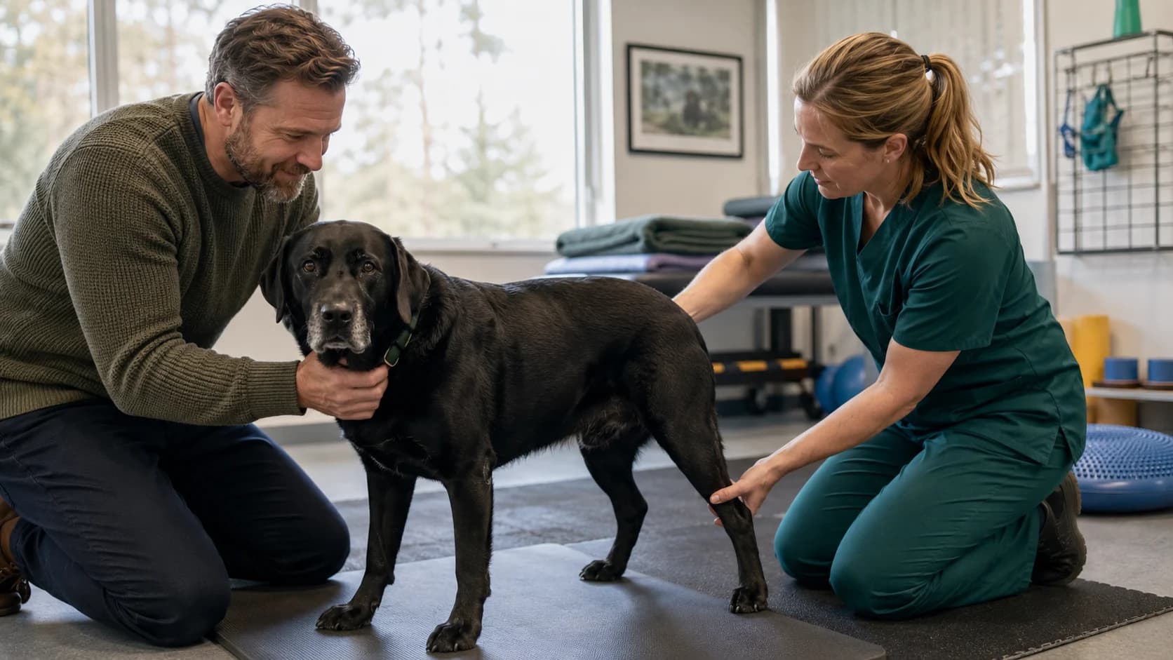 Fysioterapeut bedömer rörelse hos svart labrador
