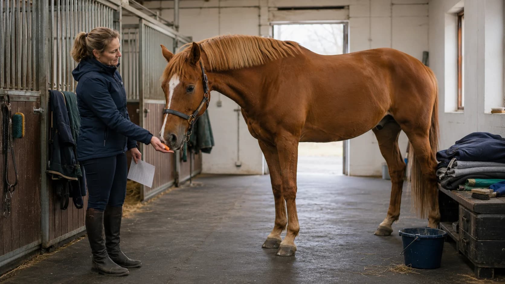 Hästägare tränar hemmaövningar med chestnut warmblood i stall