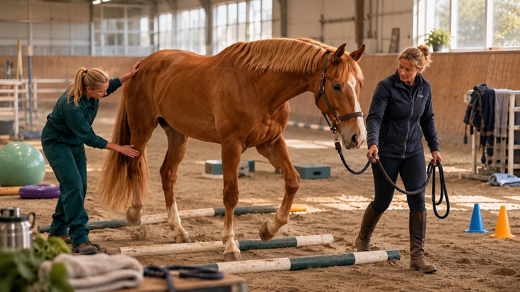 Chestnut warmblood tränar över markbommar under fysioterapi