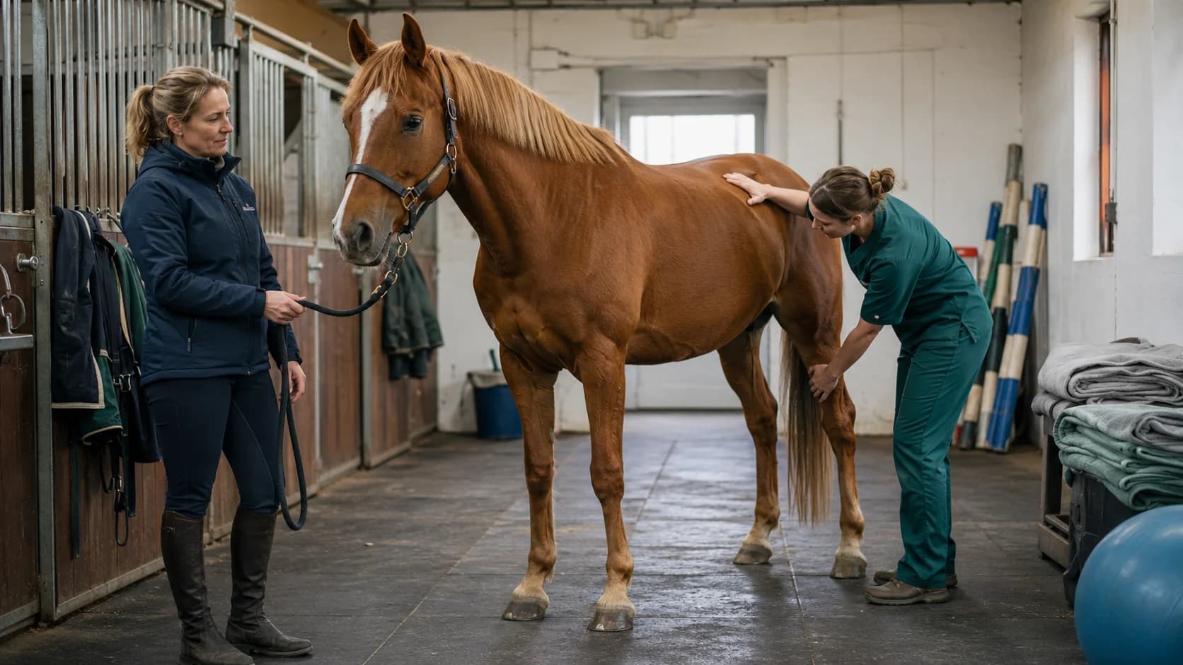 Hästfysioterapeut bedömer rörelse hos chestnut warmblood