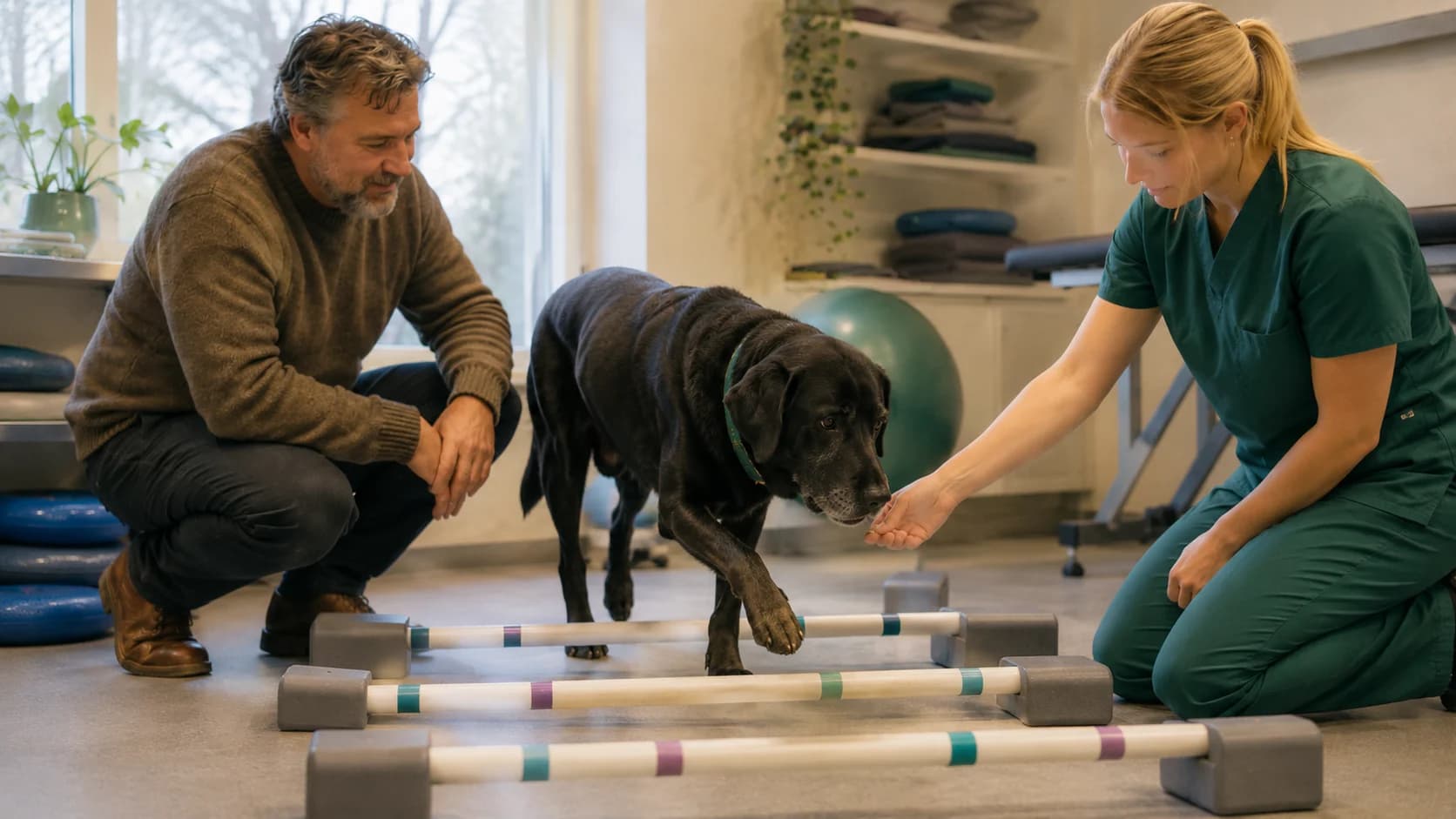 Svart labrador tränar cavaletti hos fysioterapeut